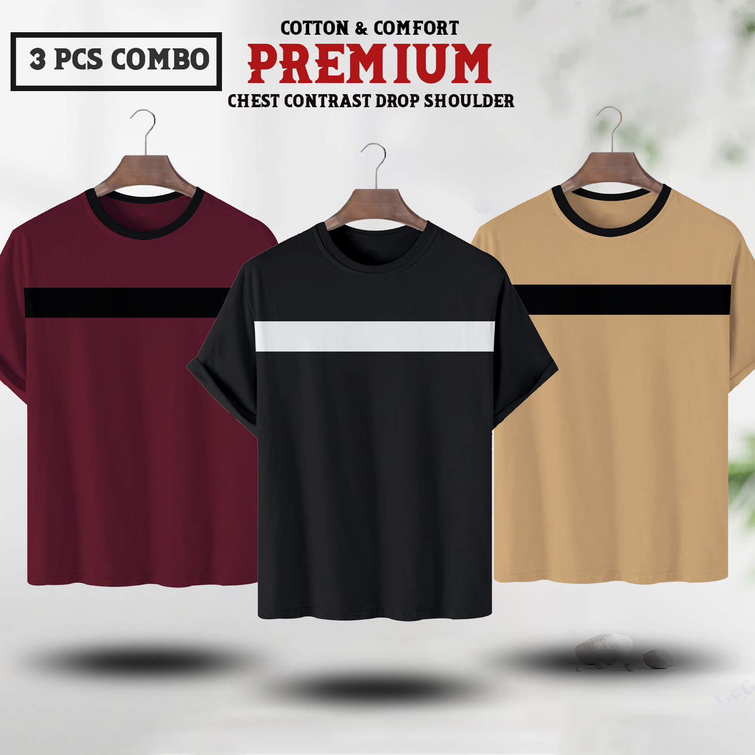 Soft Comfort Drop Shoulder Premium T-Shirt- cc maroon-cc black-cc brown