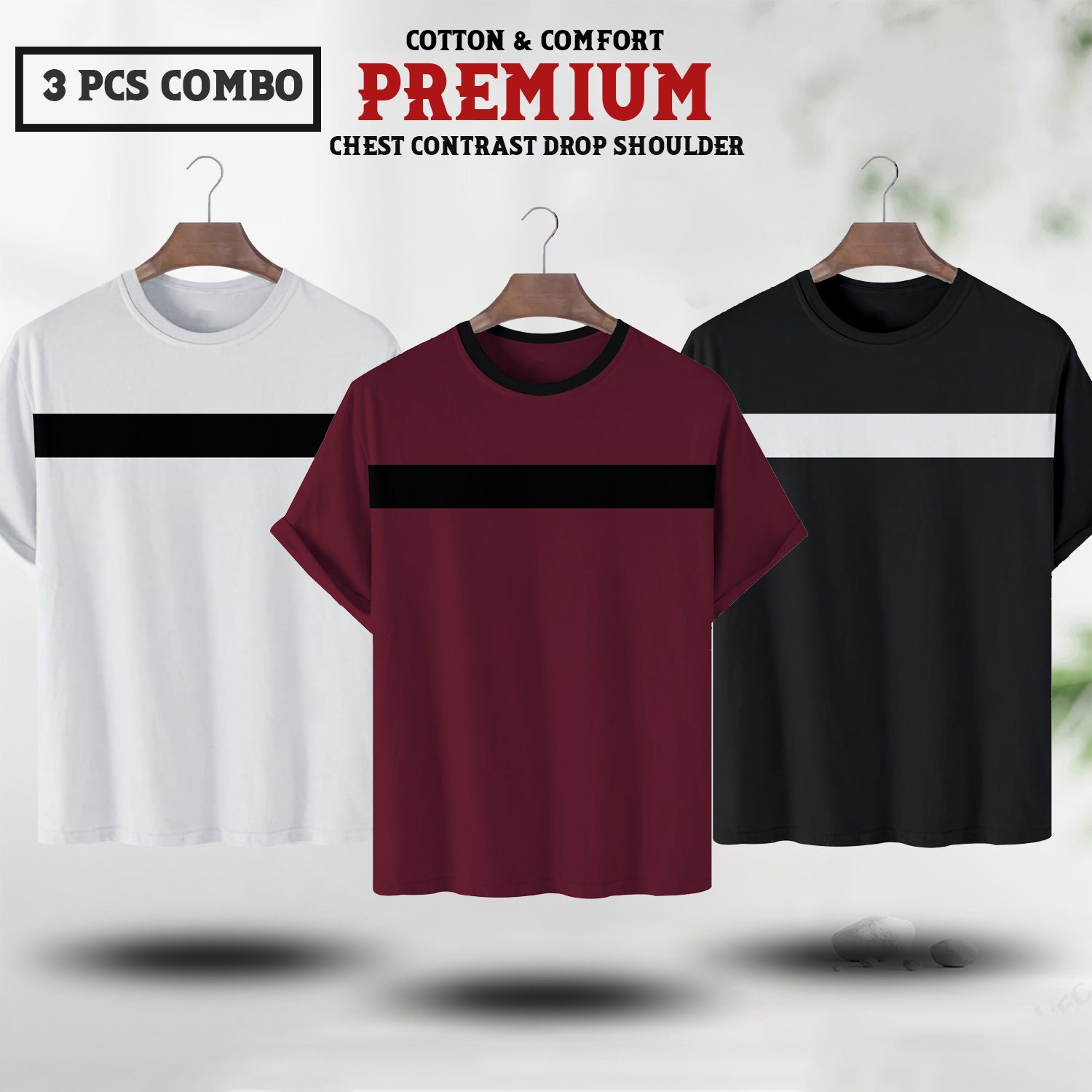 Soft Comfort Drop Shoulder Premium T-Shirt- cc white-cc maroon-cc black