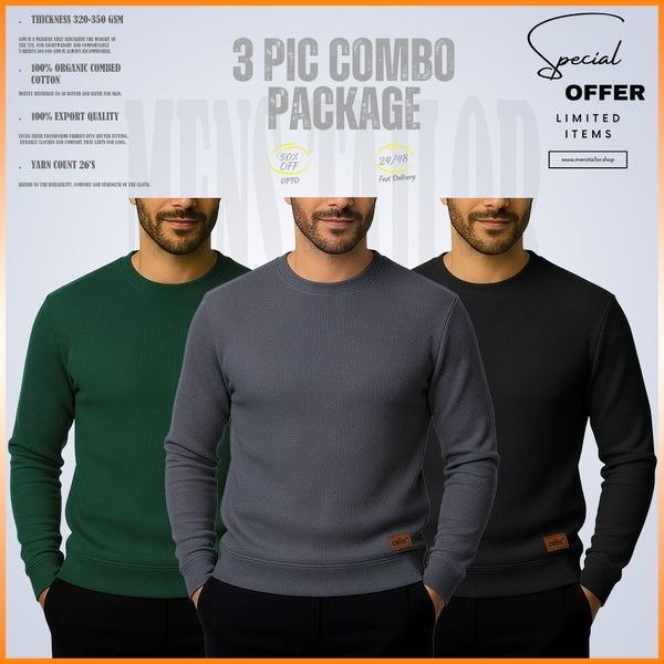 𝐒𝐨𝐥𝐢𝐝 𝐒𝐰𝐞𝐚𝐭𝐬𝐡𝐢𝐫𝐭 Cream-Charcoal-Black 3 Pcs Combo