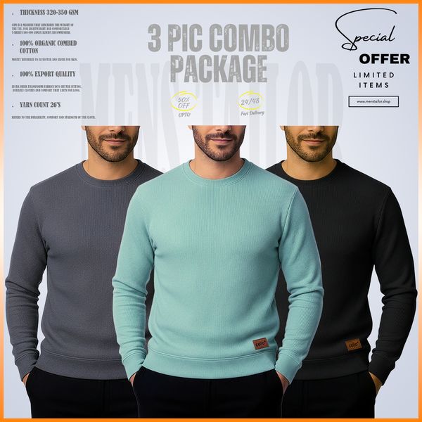𝐒𝐨𝐥𝐢𝐝 𝐒𝐰𝐞𝐚𝐭𝐬𝐡𝐢𝐫𝐭 Pastel Green-Charcoal-Black 3 Pcs Combo