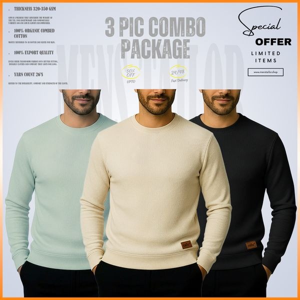 𝐒𝐨𝐥𝐢𝐝 𝐒𝐰𝐞𝐚𝐭𝐬𝐡𝐢𝐫𝐭 Light Lemon-Cream-Black 3 Pcs Combo