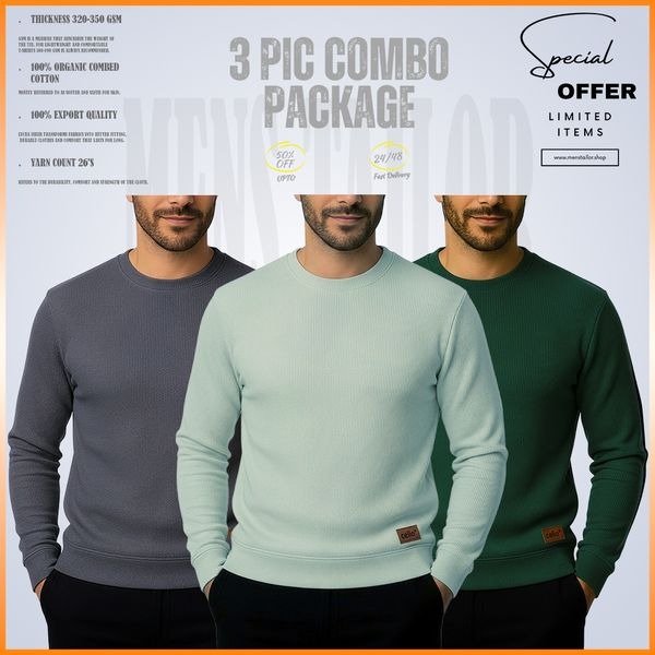 𝐒𝐨𝐥𝐢𝐝 𝐒𝐰𝐞𝐚𝐭𝐬𝐡𝐢𝐫𝐭 Charcoal-Light Lemon-Bottle Green 3 Pcs Combo