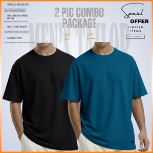 2 Pcs Premium Drop Shoulder 220+ GSM 2/2 Rib Fabric Black - Petrol Blue