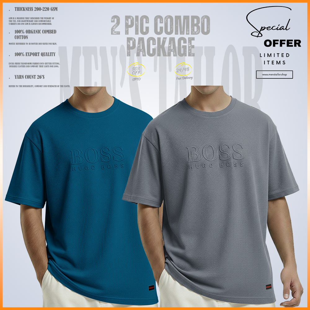 2 Pcs Premium Drop Shoulder 220+ GSM 2/2 Rib Fabric Petrol Blue - Light Grey