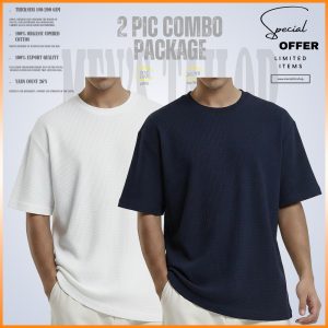 𝐖𝐚𝐟𝐟𝐥𝐞 𝐃𝐫𝐨𝐩 𝐒𝐡𝐨𝐮𝐥𝐝𝐞𝐫_ 2 pcs Combo Offer 200+ GSM_ 𝑪𝒐𝒕𝒕𝒐𝒏 𝒇𝒂𝒃𝒓𝒊𝒄 - White - Navy
