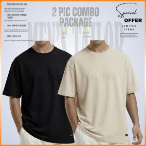 2 Pcs Premium Drop Shoulder 220+ GSM 2/2 Rib Fabric Black - Light Cream