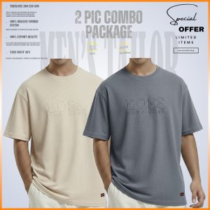 2 Pcs Premium Drop Shoulder 220+ GSM 2/2 Rib Fabric Light Cream - Light Grey