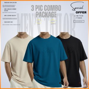 3 Pcs Premium Drop Shoulder 220+ GSM 2/2 Rib Fabric Light Cream - Petrol Blue - Black