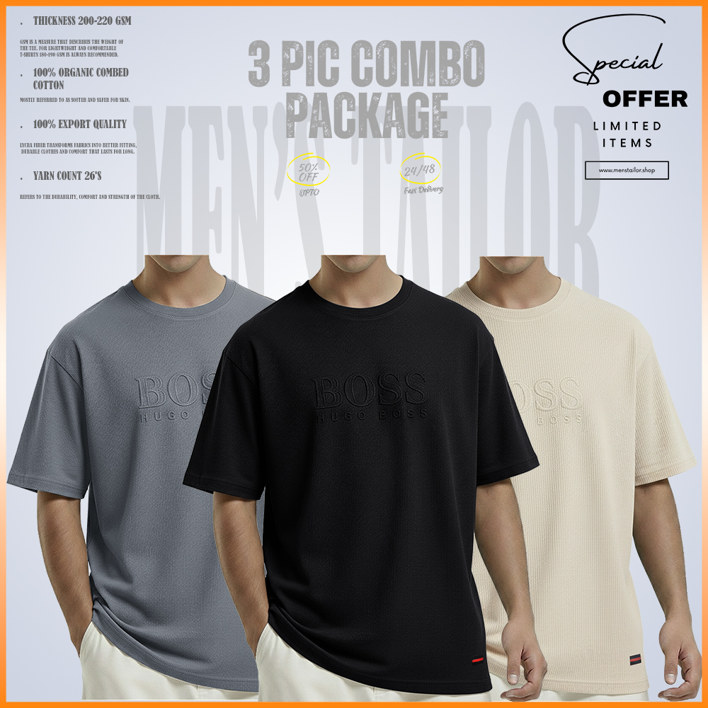 3 Pcs Premium Drop Shoulder 220+ GSM 2/2 Rib Fabric Light Grey - Black - Light Cream