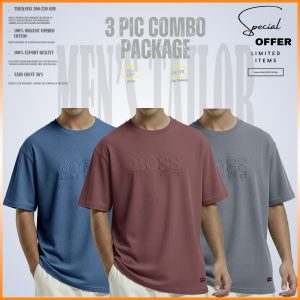 3 Pcs Premium Drop Shoulder 220+ GSM 2/2 Rib Fabric Ash Blue - Ash Rose - Light Grey