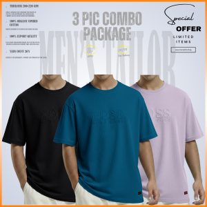 3 Pcs Premium Drop Shoulder 220+ GSM 2/2 Rib Fabric Black - Petrol Blue - Lavender