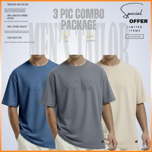 3 Pcs Premium Drop Shoulder 220+ GSM 2/2 Rib Fabric Ash Blue - Light Grey - Light Cream