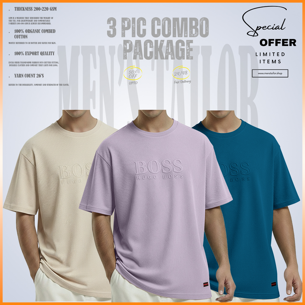 3 Pcs Premium Drop Shoulder 220+ GSM 2/2 Rib Fabric Light Cream - Lavender - Petrol Blue